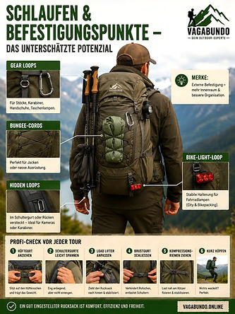Outdoor Trekkingrucksack: Schlaufen und Befestigungspunkte.