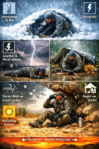 Survival bei Wetterkunde: Unterkühlung, Gewitter erkennen, Hitzschlag.