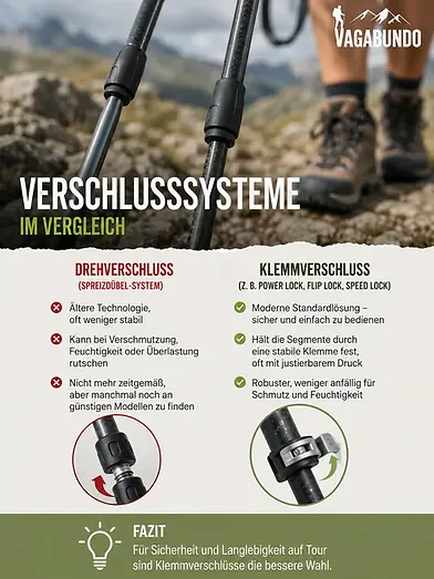 Vergleich von Dreh- und Klemmverschluss für Wanderstöcke.