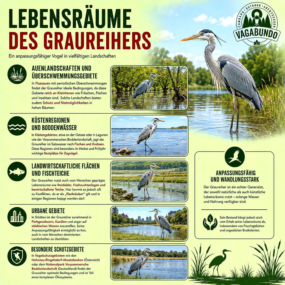 Infografik zu Lebensräumen des Graureihers in der Natur.