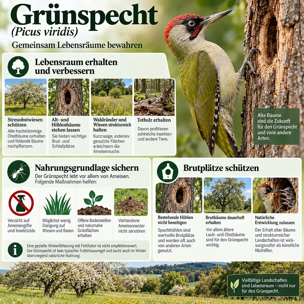 Infografik zum Grünspecht am Baumstamm mit Tipps zu Lebensraum, Nahrung und Brutplätzen in grüner Landschaft.