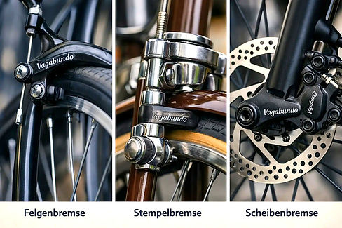 Drei Arten von Fahrradbremsen: Felgenbremse, Stempelbremse, Scheibenbremse
