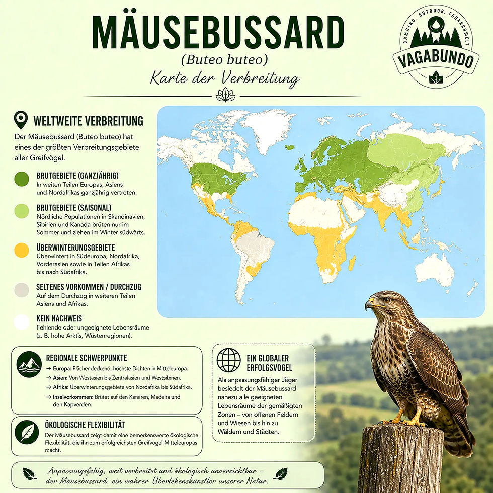 Verbreitungskarte und Infografik über den Mäusebussard