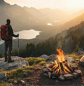 Wanderer mit Rucksack betrachtet die Landschaft am Lagerfeuer Outdoor-Guides. Outdoor-Guides Wetterzeichen erkennen Bushcraft