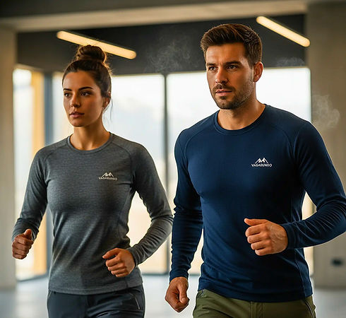 Ein sportliches Paar läuft in moderner Funktionskleidung im Fitnessstudio.