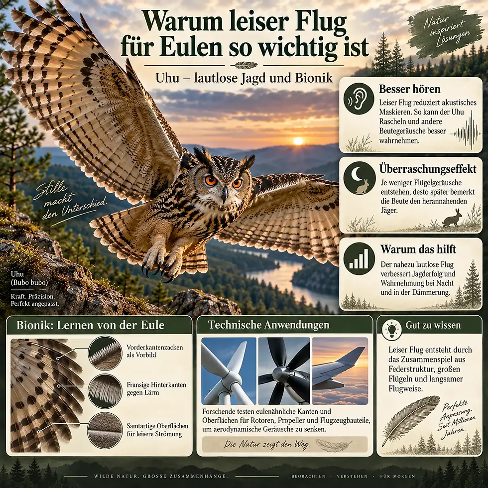Infografik mit fliegender Uhu vor Sonnenuntergang: leiser Flug, Bionik, technische Anwendungen und erklärende Textfelder.