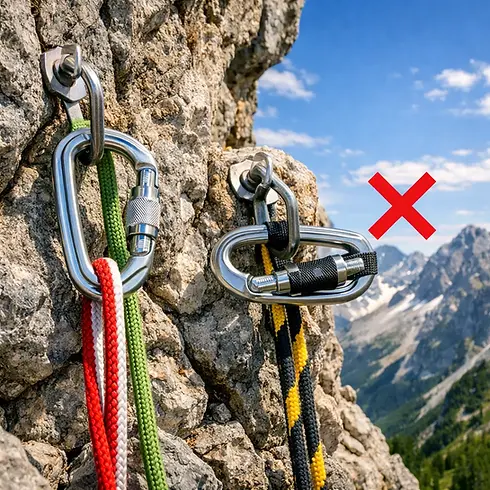 Falsch befestigter Karabiner am Fels im Gebirge.