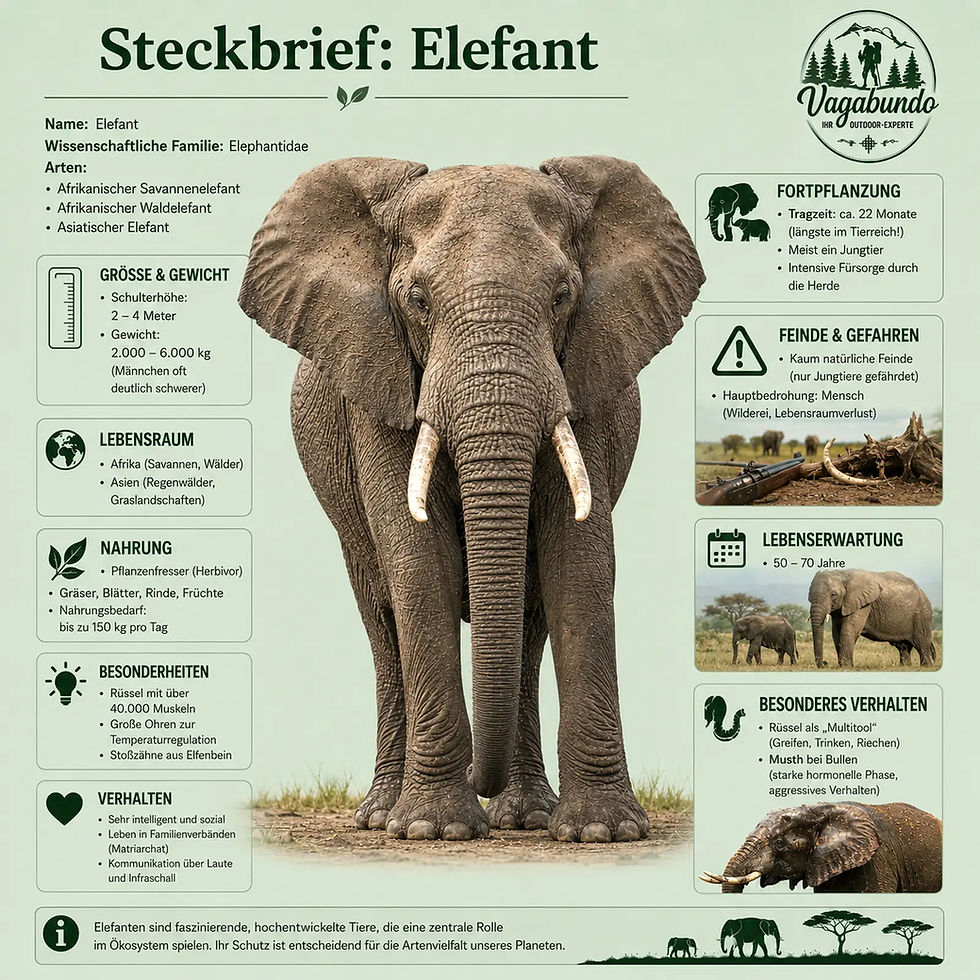 Steckbrief über Elefanten: Sanfte Riesen und Wächter der Wildnis mit Fakten zu Größe, Lebensraum und Schutz.