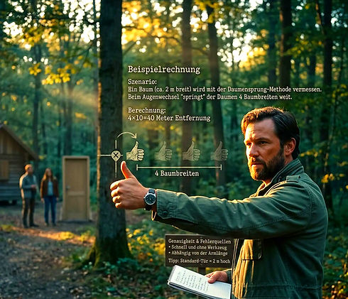 Mann nutzt Daumensprung zur Orientierung in der Natur.