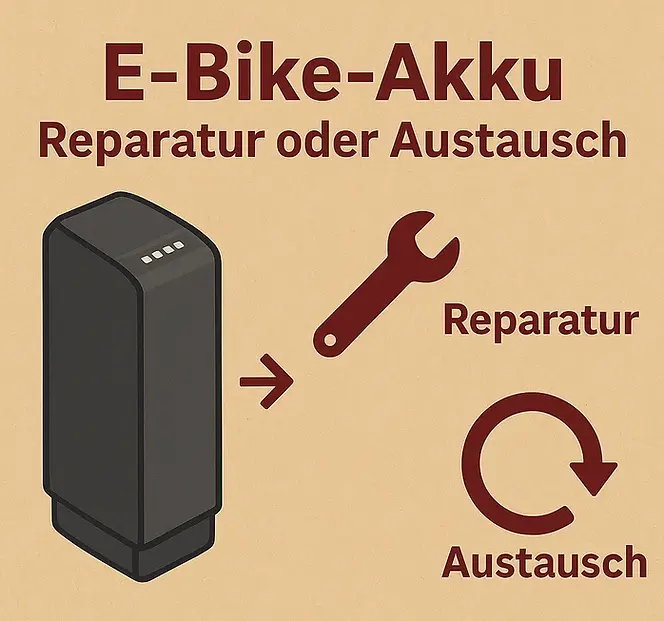 E-Bike-Akku Reparatur oder Austausch, eine Infografik zur Wartung.