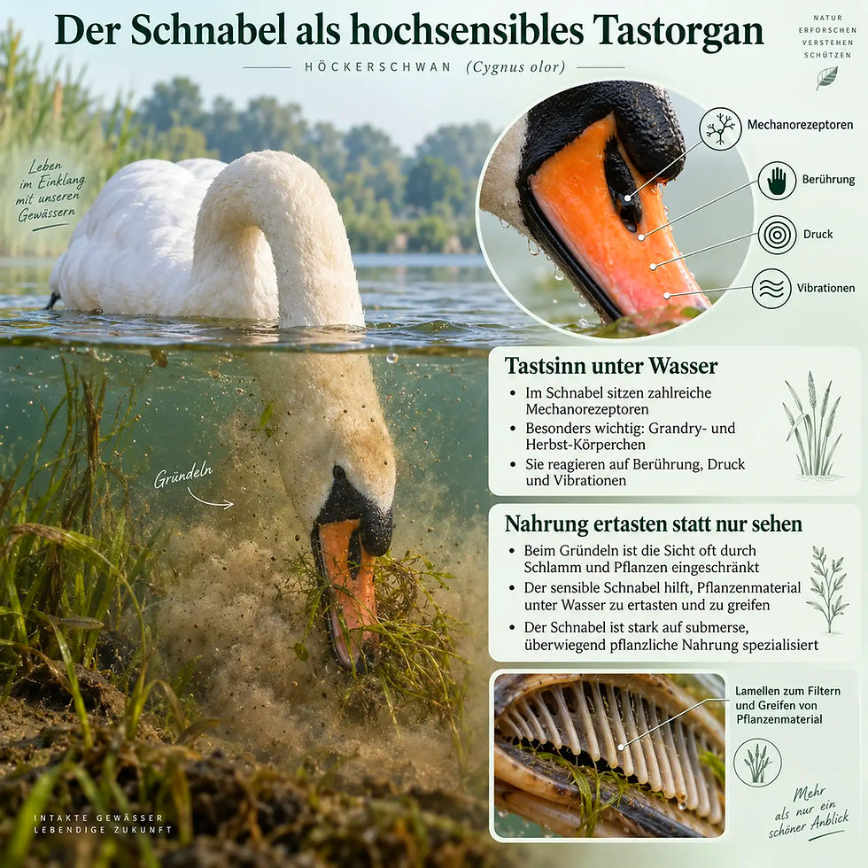 Infografik: Höckerschwan gründelt im See, Nahaufnahme des Schnabels mit Hinweisen zu Tastorganen, Berührung, Druck, Vibrationen.