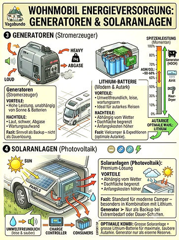 Infografik: Wohnmobil Energieversorgung mit Generatoren und Solaranlagen.