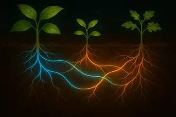 Drei junge Pflanzen mit leuchtenden Wurzeln im dunklen Boden vernetzt.