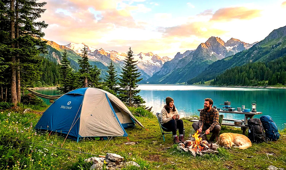 Paar beim Camping am See mit Lagerfeuer, Zelt und Hund in Berglandschaft.