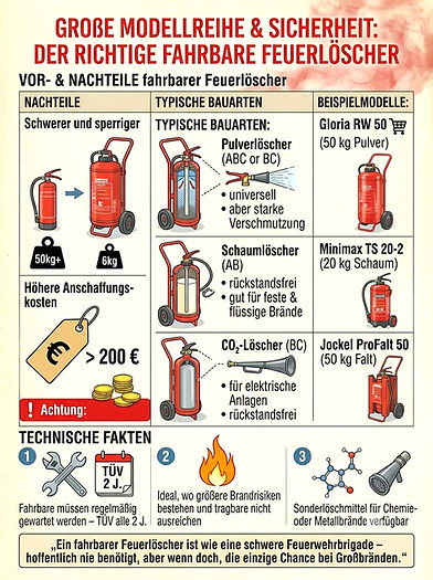 Infografik zu fahrbaren Feuerlöschern: Typen, Kosten, Brandrisiken.