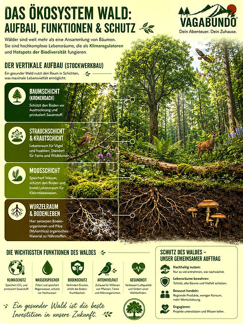 Infografik zum Ökosystem Wald: Aufbau, Funktionen und Schutz.