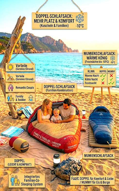 Familie am Strand mit Doppelschlafsack und Sommerschlafsack