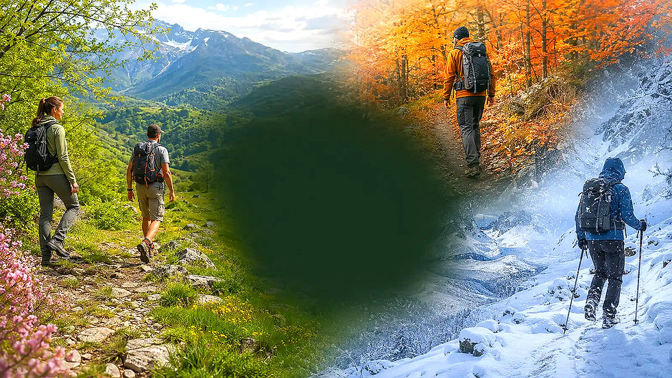 Wanderer in Outdoor-Bekleidung zu verschiedenen Jahreszeiten