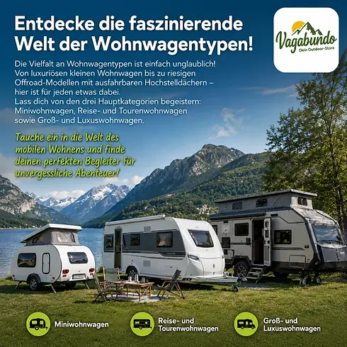 Verschiedene Wohnwagentypen am See vor Bergkulisse