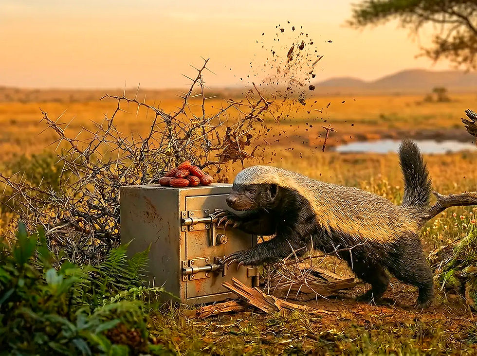 Honigdachs an einer Metallbox in der Savanne