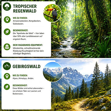 Infografik zum Ökosystem Wald: Tropischer Regenwald und Gebirgswald erklärt.