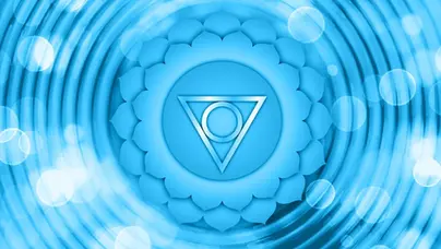 Halschakra, Kehlkopfchakra, Sitz: Hals, Element: Äther, Sinn: Hörsinn, Farbe: Meeresblau, Silbe/Buchstabe: Ham/I
Verbunden mit dem achtsamen Vorbereiten und der Interpretation der Sinneseindrücke. Stichworte: Authenzität, innere Haltung, Wille, Aufrichtigkeit, Kommunikation, Ausdruck von Energien