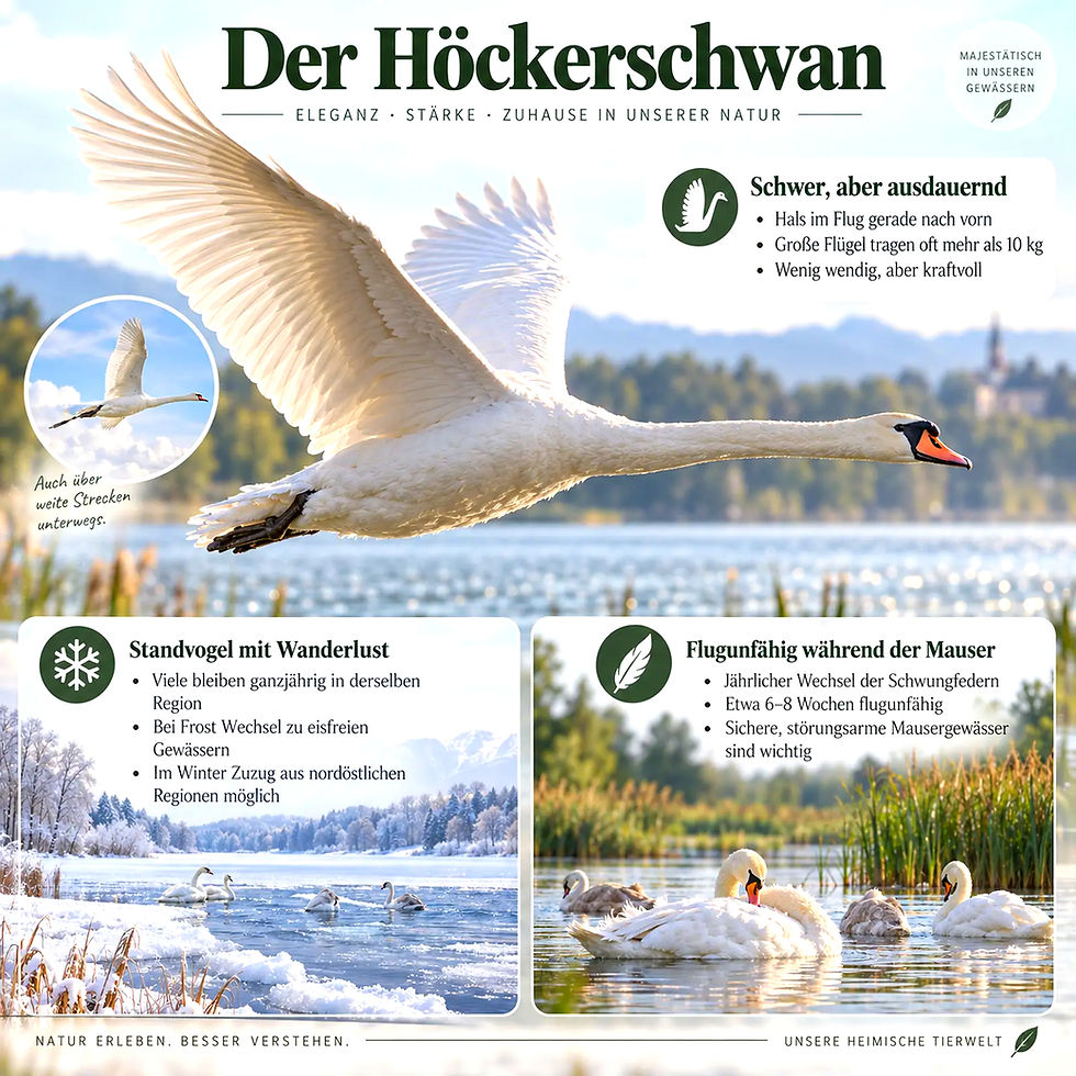 Höckerschwan fliegt über einen See; deutsche Infografik zu Stärke, Wanderlust und Mauser in ruhiger Natur.