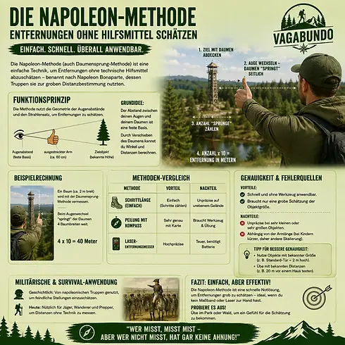 Infografik zur Napoleon-Methode für Orientierung in der Natur Navigation in der Wildnis.