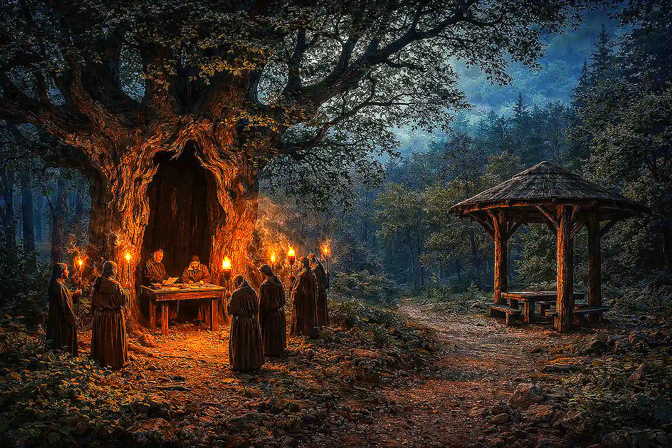 Geheimnisvolle Mönche versammeln sich mit Kerzenlicht in einem hohlen Baum.