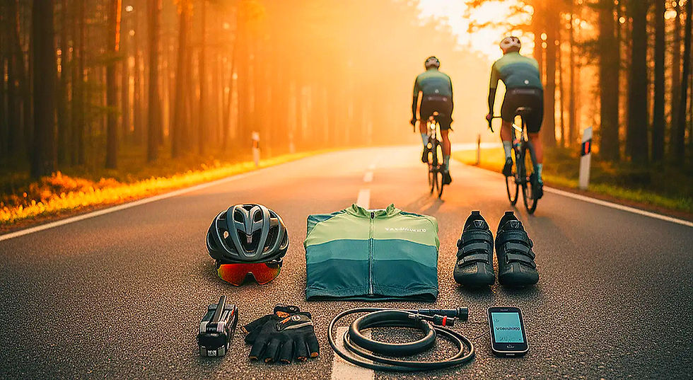 Fahrradzubehör auf Straße mit Radfahrern bei Sonnenaufgang und Bäumen.