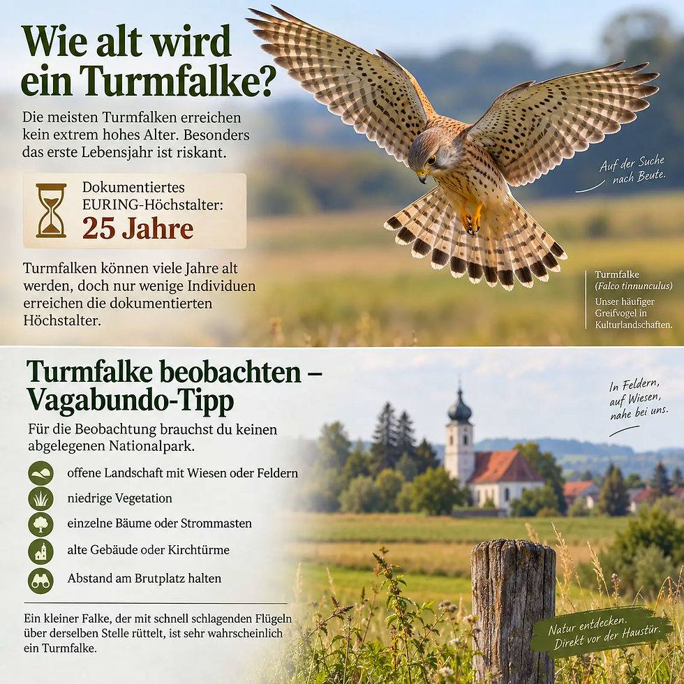 Infografik zum Turmfalken: fliegender Falke über Feld, Text zu Alter, 25 Jahre, und Beobachtungstipps in der Landschaft