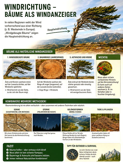 Infografik: Orientierung in der Natur, Navigation in der Wildnis mit Bäumen als Windanzeiger.