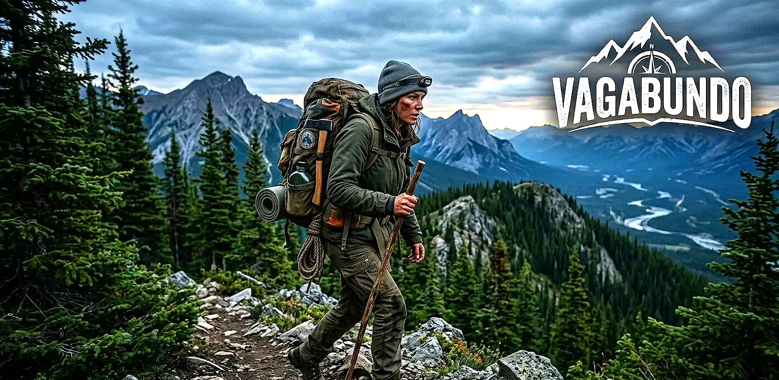 Wanderer mit Rucksack auf Bergpfad, VAGABUNDO Logo, vor majestätischer Berglandschaft.