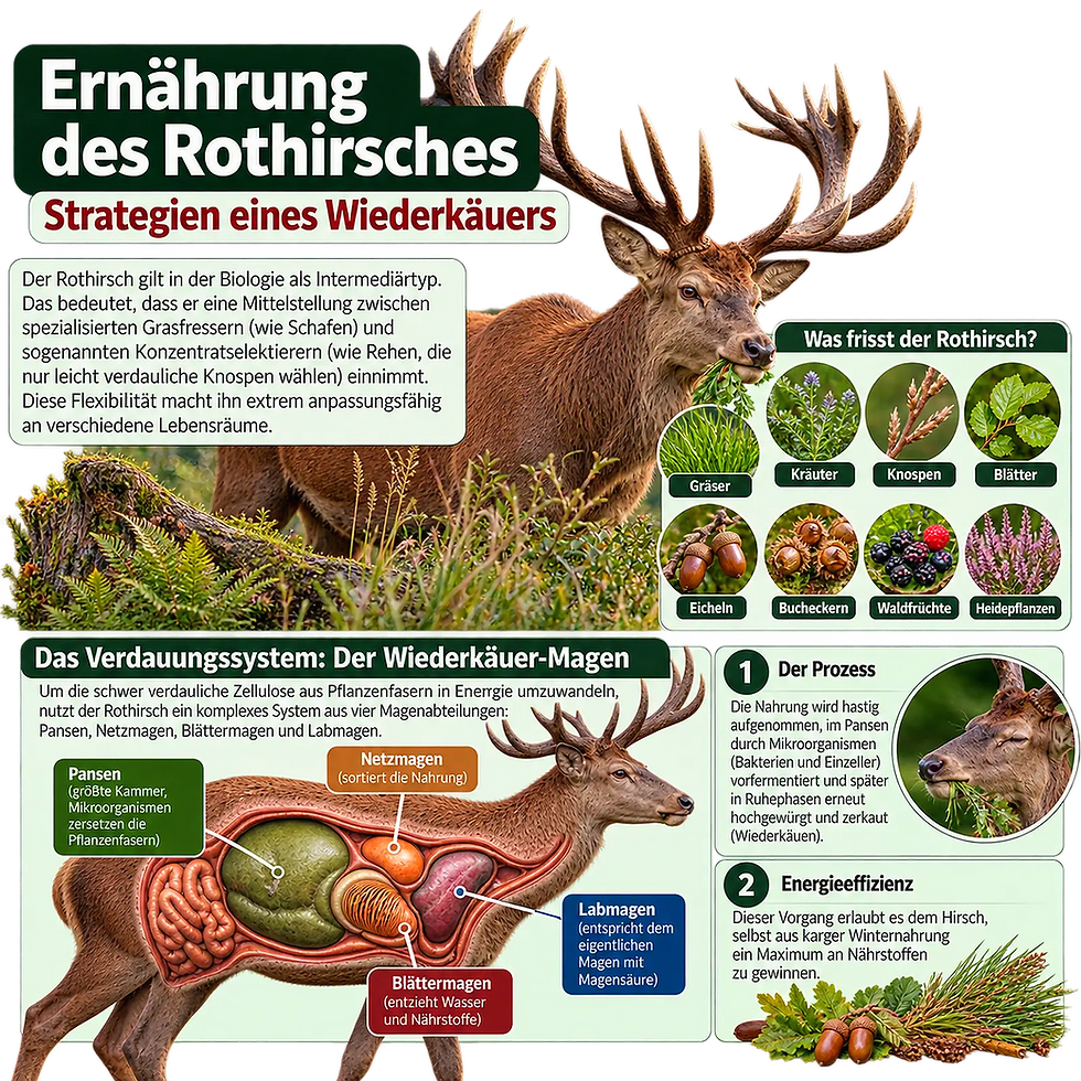 Infografik zur Ernährung und Verdauung des Rothirsches