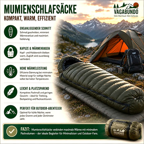 Vagabundo Mumienschlafsack Infografik zu Vorteilen und Packmaß
