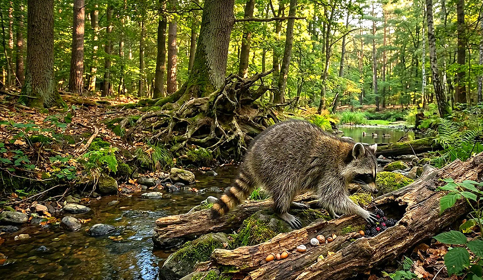Ein Waschbär balanciert auf Baumstämmen im Wald am Bach.