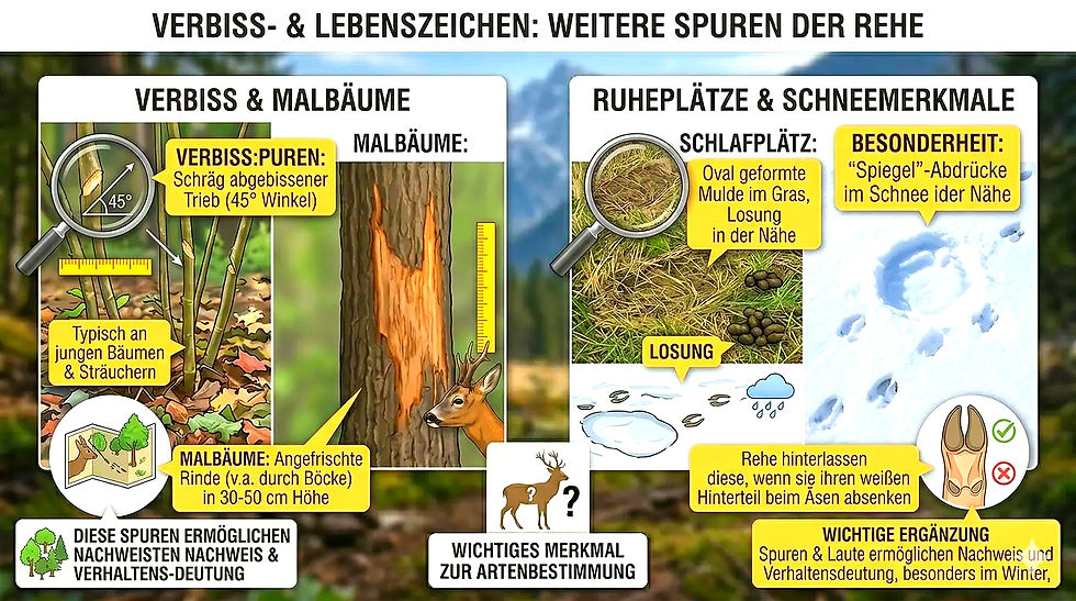 Abbildung von Rehspuren; eine Reihe von Hufen im Schnee, Reh.