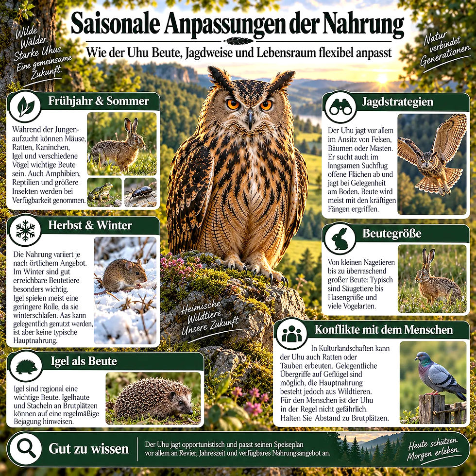 Infografik zum Uhu: großer Eulenvogel vor Berglandschaft, umgeben von Kästen zu Jagdstrategien, Beute und Jahreszeiten.