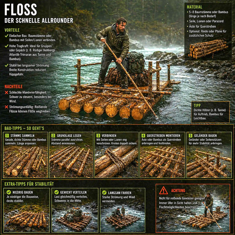 Mann auf Holzfloss navigiert einen Fluss