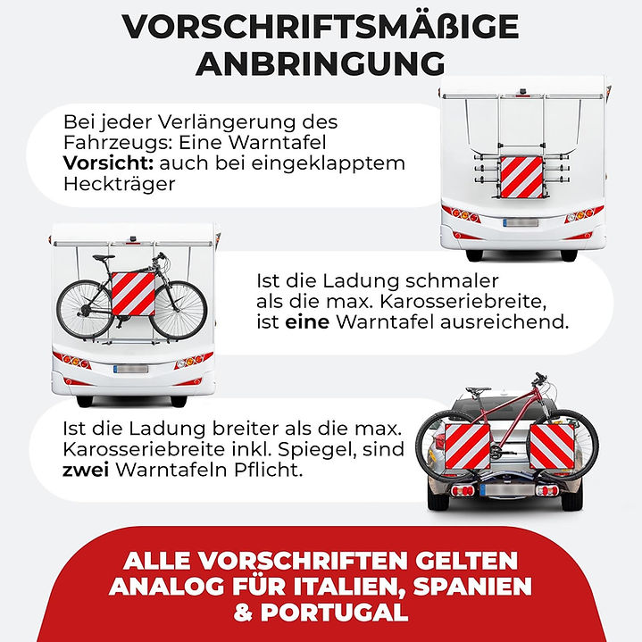 Vorschriftsmäßige Anbringung, Warnzeichen am Fahrzeug, Fahrradträger und Text, Vorschriften für Italien