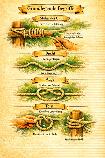 Diagramm "Grundlegende Begriffe" erklärt Seil, Bucht, Auge und Törn-Knoten.