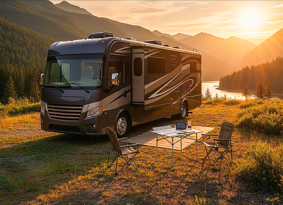 Ein Wohnmobil steht in der Natur, Camping, Berge und Laptop am Tisch.