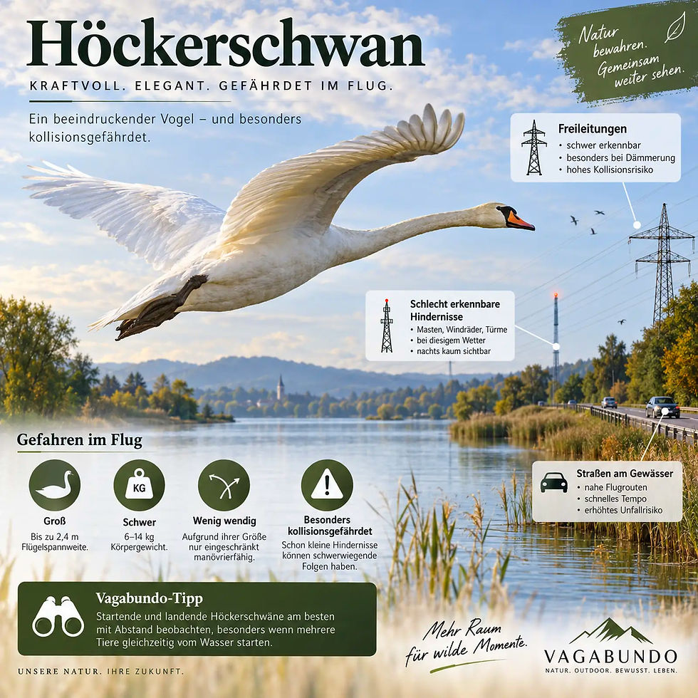 Infografik zum Höckerschwan über See und Stromleitungen; warnt vor Kollisionen, Straßen am Gewässer und Hindernissen.