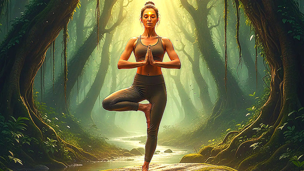 Frau in Yoga-Baumhaltung im dichten Wald, Verbindung von Körper und Geist.