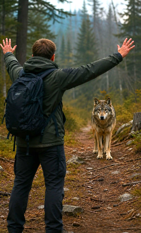 Mann mit ausgebreiteten Armen vor Wolf, Wildtierverhalten.