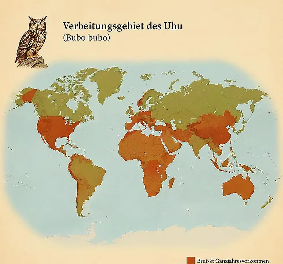 Weltkarte mit Verbreitungsgebiet des Uhu (Bubo bubo). Der Uhu (Bubo bubo) ist dargestellt.