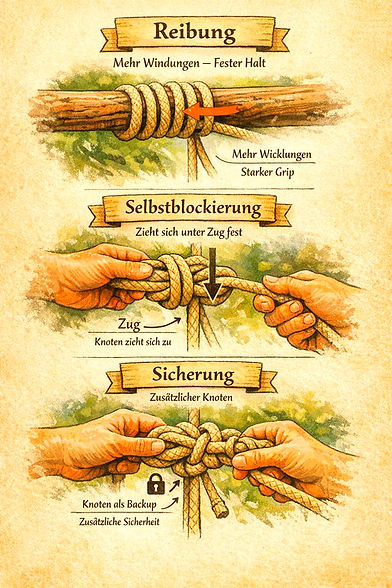 Knotenkunde: Reibung, Selbstblockierung, Sicherung von Knoten für Outdoor.