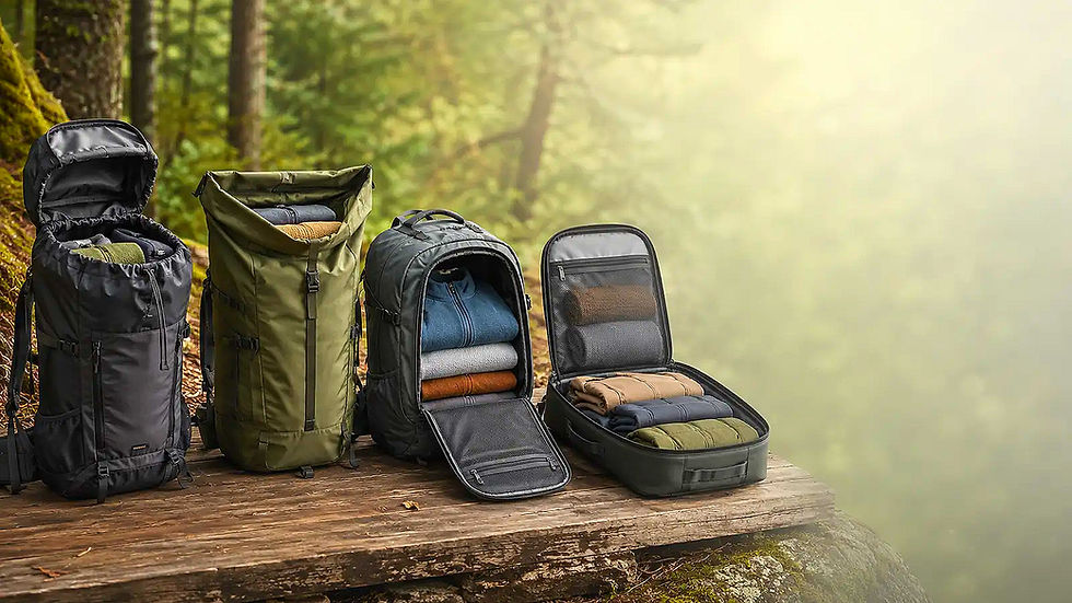 Verschiedene Outdoor-Rucksäcke mit großem Packvolumen im Wald.
