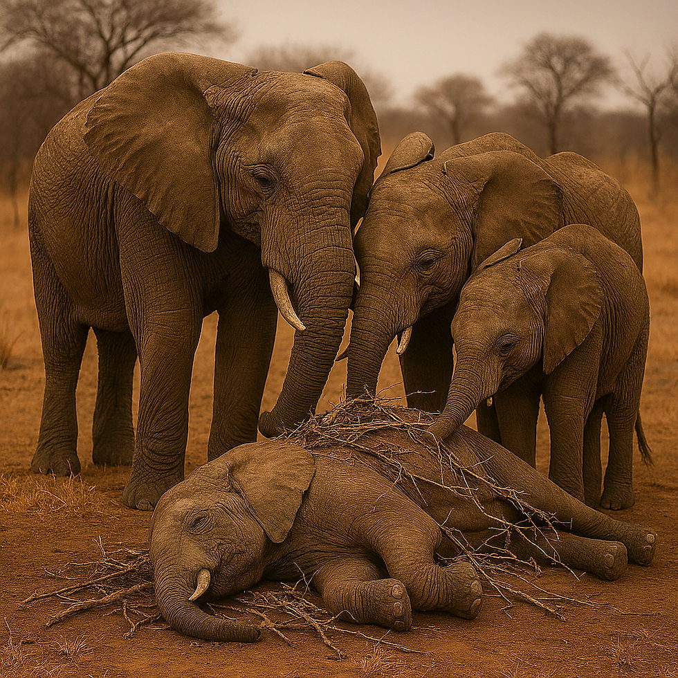 Eine Elefantenfamilie mit einem toten Elefanten im Gras, Die Sanften Riesen, Elefant.