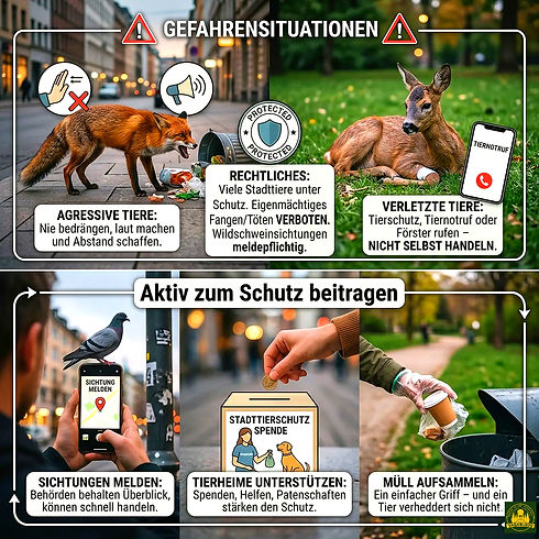 Infografik zu Wildtierverhalten: Gefahren, Rechtliches, Hilfe für Tiere